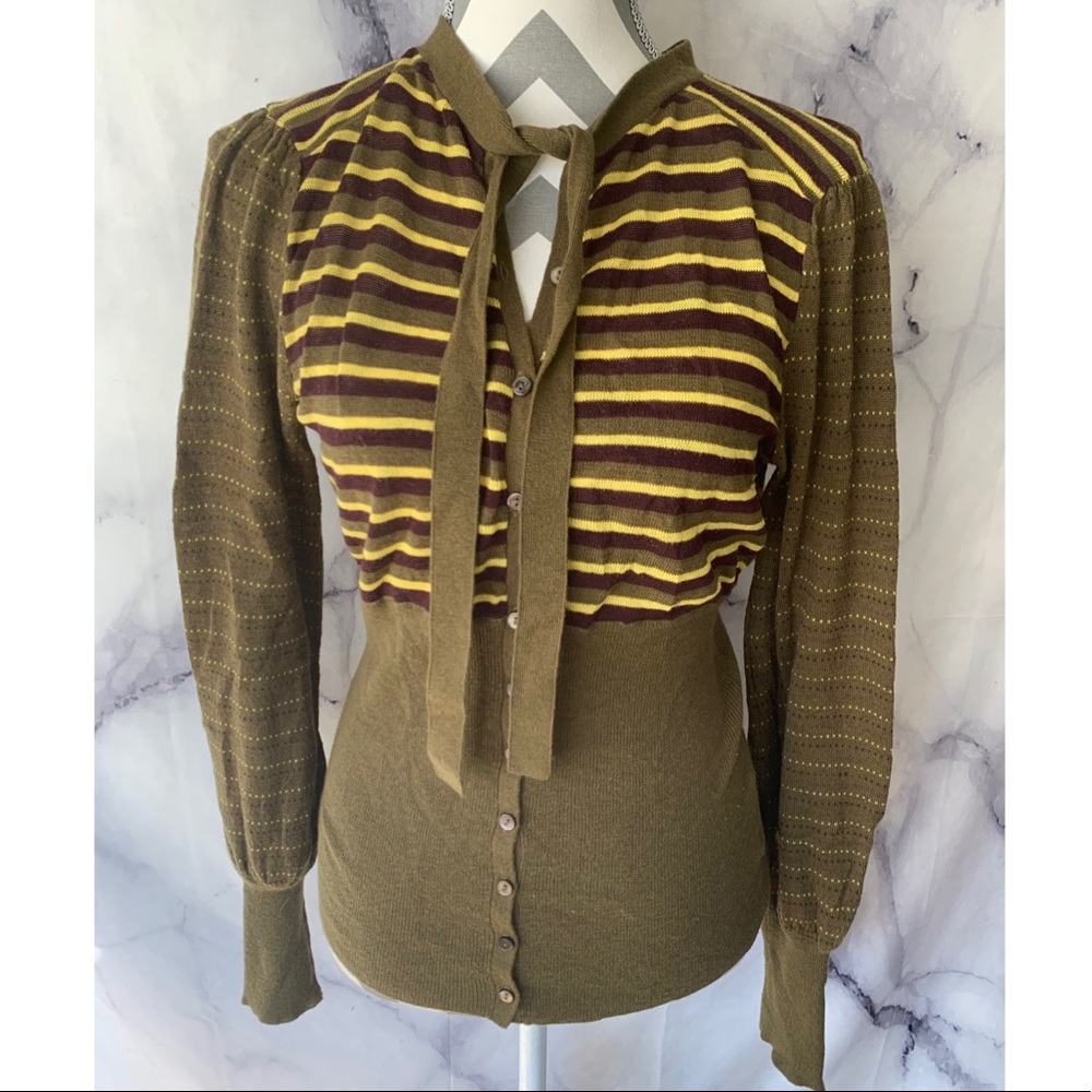 Free people striped button up blouse Sz M neck tie